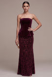 Abito di velluto Maxi Jacquard a fodero senza spalline borgogna