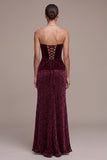 Abito di velluto Maxi Jacquard a fodero senza spalline borgogna