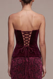 Abito di velluto Maxi Jacquard a fodero senza spalline borgogna