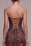 Corsetto caffè Mermaid Strapless Floreali Appliques Maxi Abito Formale