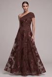 Coffee A-Line Asimmetrico Applique floreali a una spalla Maxi Dress