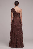 Coffee A-Line Asimmetrico Applique floreali a una spalla Maxi Dress