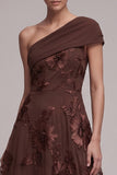 Coffee A-Line Asimmetrico Applique floreali a una spalla Maxi Dress