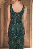 Vestito a scollo scuro con perline con scollo verde scuro Vestito lungo degli anni '20 con frange