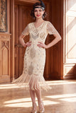 Albicocca con paillettes a scollo a V Maniche corte Vestito anni '20 con frangie