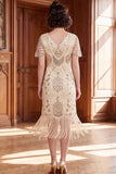 Albicocca con paillettes a scollo a V Maniche corte Vestito anni '20 con frangie