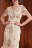 Albicocca con paillettes a scollo a V Maniche corte Vestito anni '20 con frangie