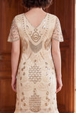 Albicocca con paillettes a scollo a V Maniche corte Vestito anni '20 con frangie