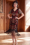 Albicocca con paillettes a scollo a V Maniche corte Vestito anni '20 con frangie