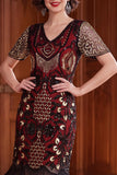 Albicocca con paillettes a scollo a V Maniche corte Vestito anni '20 con frangie