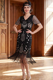 Albicocca con paillettes a scollo a V Maniche corte Vestito anni '20 con frangie