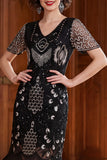 Albicocca con paillettes a scollo a V Maniche corte Vestito anni '20 con frangie