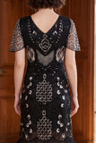 Albicocca con paillettes a scollo a V Maniche corte Vestito anni '20 con frangie