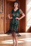 Albicocca con paillettes a scollo a V Maniche corte Vestito anni '20 con frangie