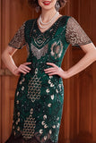 Albicocca con paillettes a scollo a V Maniche corte Vestito anni '20 con frangie