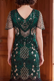 Albicocca con paillettes a scollo a V Maniche corte Vestito anni '20 con frangie