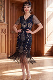 Albicocca con paillettes a scollo a V Maniche corte Vestito anni '20 con frangie