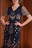 Albicocca con paillettes a scollo a V Maniche corte Vestito anni '20 con frangie