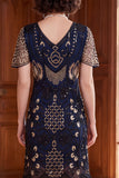 Albicocca con paillettes a scollo a V Maniche corte Vestito anni '20 con frangie