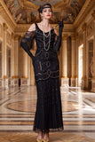 Vestito nero con spalle fredde e paillettes con perline tulle anni '20 con frangie