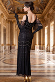 Vestito nero con spalle fredde e paillettes con perline tulle anni '20 con frangie