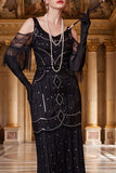 Vestito nero con spalle fredde e paillettes con perline tulle anni '20 con frangie