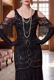 Vestito nero con spalle fredde e paillettes con perline tulle anni '20 con frangie