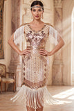 Albicocca con paillettes a V, guaina midi anni '20 Abito flapper con frangie