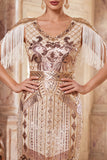 Albicocca con paillettes a V, guaina midi anni '20 Abito flapper con frangie