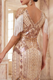 Albicocca con paillettes a V, guaina midi anni '20 Abito flapper con frangie