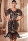 Albicocca con paillettes a V, guaina midi anni '20 Abito flapper con frangie