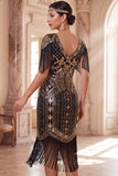 Albicocca con paillettes a V, guaina midi anni '20 Abito flapper con frangie