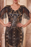 Albicocca con paillettes a V, guaina midi anni '20 Abito flapper con frangie