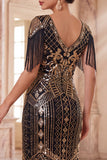 Albicocca con paillettes a V, guaina midi anni '20 Abito flapper con frangie