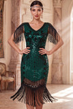 Albicocca con paillettes a V, guaina midi anni '20 Abito flapper con frangie