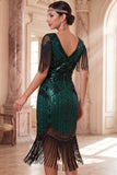 Albicocca con paillettes a V, guaina midi anni '20 Abito flapper con frangie