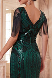 Albicocca con paillettes a V, guaina midi anni '20 Abito flapper con frangie
