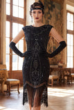 Abito Flapper anni '20 con maniche a collo tondo verde scuro con maniche con perline paillettes