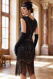 Abito Flapper anni '20 con maniche a collo tondo verde scuro con maniche con perline paillettes