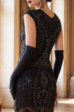 Abito Flapper anni '20 con maniche a collo tondo verde scuro con maniche con perline paillettes