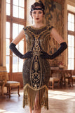 Abito Flapper anni '20 con maniche a collo tondo verde scuro con maniche con perline paillettes