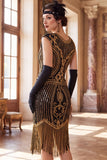 Abito Flapper anni '20 con maniche a collo tondo verde scuro con maniche con perline paillettes