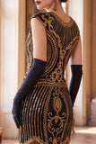 Abito Flapper anni '20 con maniche a collo tondo verde scuro con maniche con perline paillettes