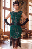 Abito Flapper anni '20 con maniche a collo tondo verde scuro con maniche con perline paillettes