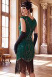 Abito Flapper anni '20 con maniche a collo tondo verde scuro con maniche con perline paillettes