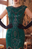 Abito Flapper anni '20 con maniche a collo tondo verde scuro con maniche con perline paillettes