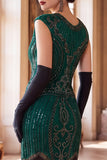Abito Flapper anni '20 con maniche a collo tondo verde scuro con maniche con perline paillettes