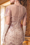 Vestito Anni '20 con scollo a V e maniche corte con guaina albicocca e maniche corte