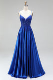 A-line Royal Blue Appliques raso paillettes, spalline a perline, spalline a fine Abito lungo da ballo
