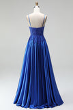 A-line Royal Blue Appliques raso paillettes, spalline a perline, spalline a fine Abito lungo da ballo